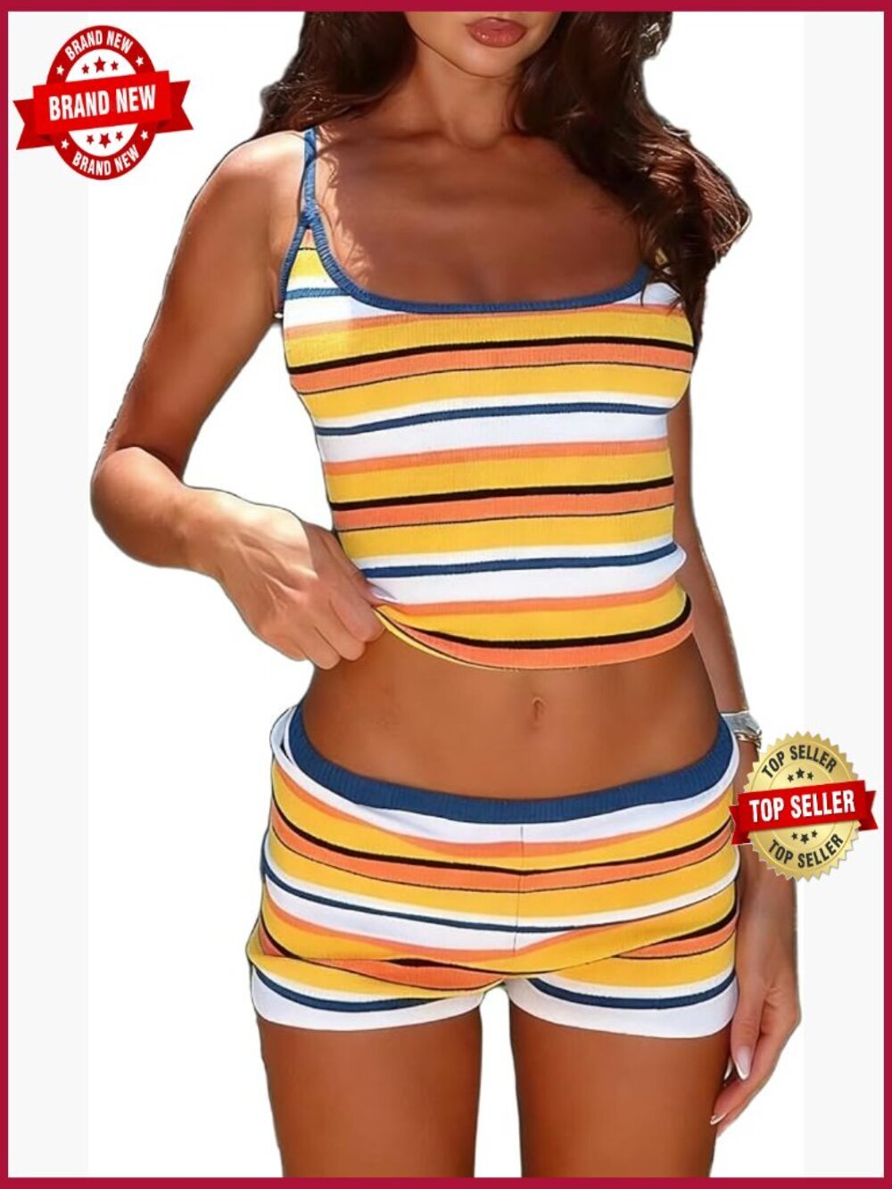 Crochet 2 Piece Short Sets for Women Striped Vest Top and Shorts Summer Outfits